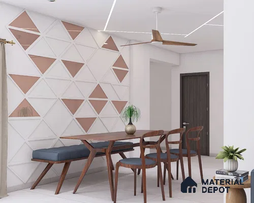 Dining area with six-seater table and marble flooring