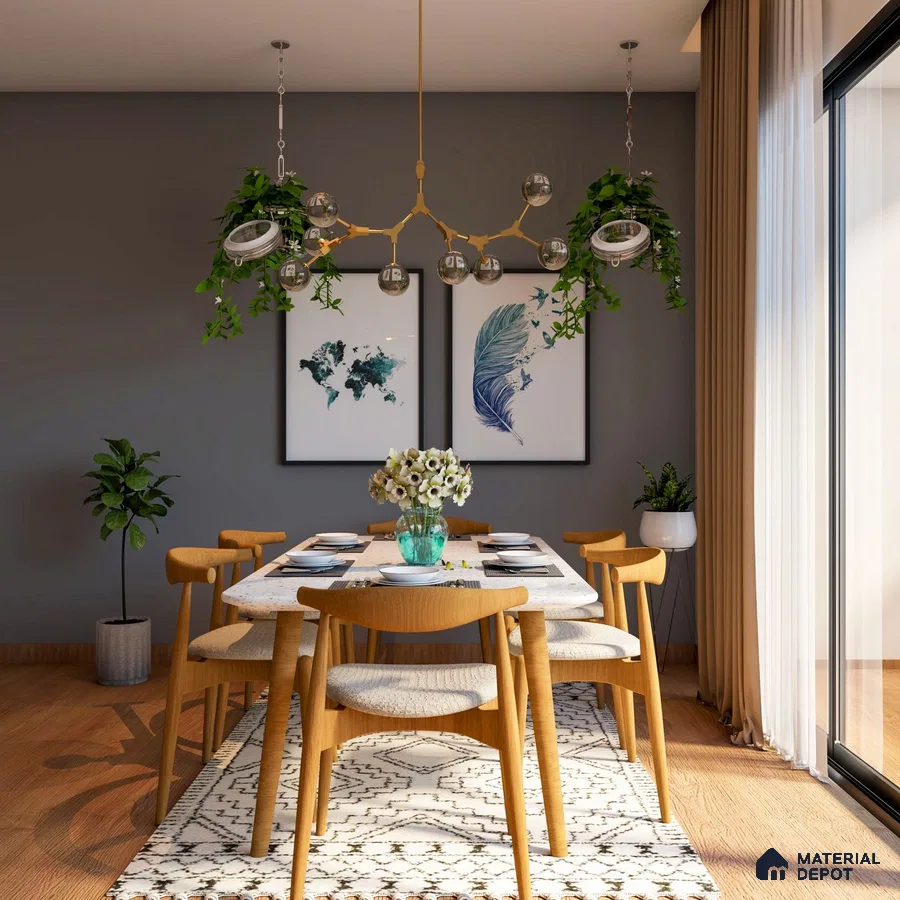Contemporary spacious dining room: Elegance and harmony in modern design, inviting gatherings with style and comfort.