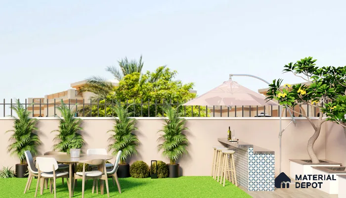 Contemporary open balcony with stylish planters.