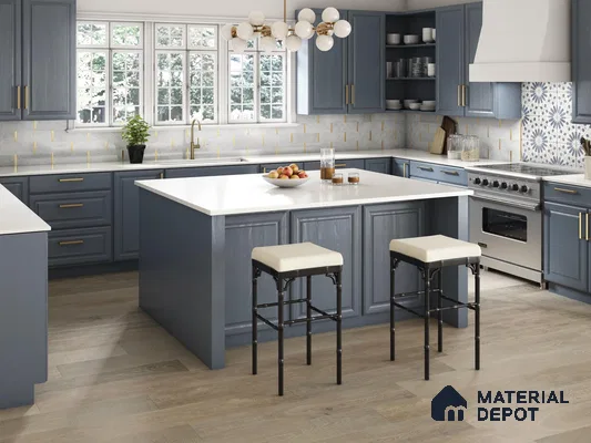 Kitchen with grey laminate white tiles and wooden floor
