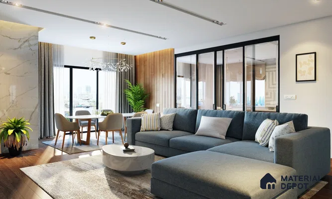 Living room with wooden louvers and wooden laminate floor