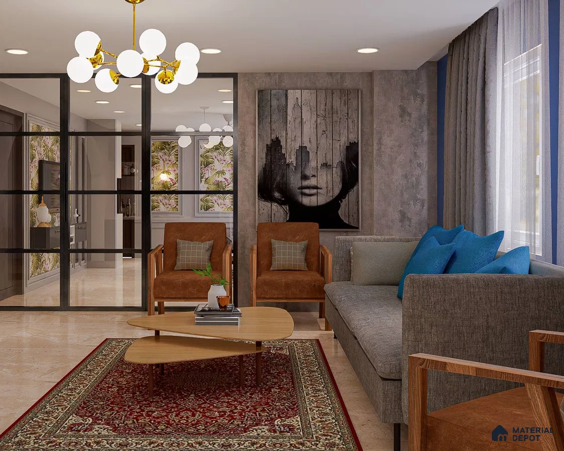 Stylish modern living room with chandelier, wooden table, and elegant decor.