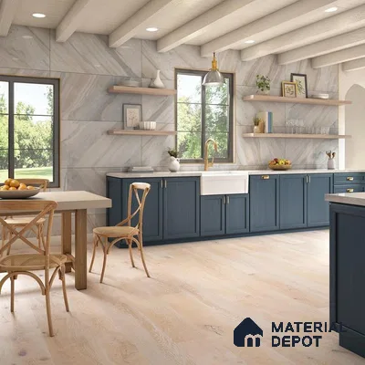 Marbled kitchen unit with blue laminate and wooden floor