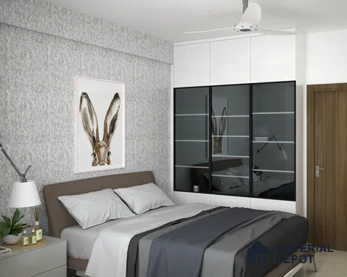 Bedroom with patterned walls and sliding door wardrobe