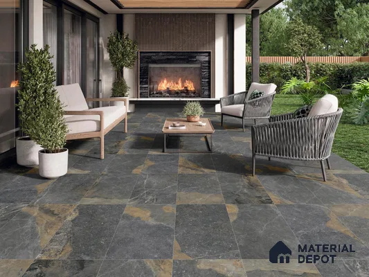 Outdoor place with grey tiles and brown louvers