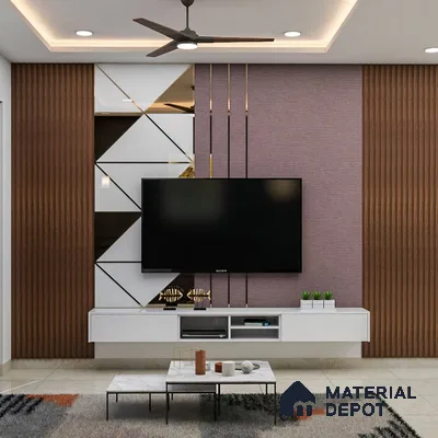Stylish purple TV cabinet and geometric wall panel.