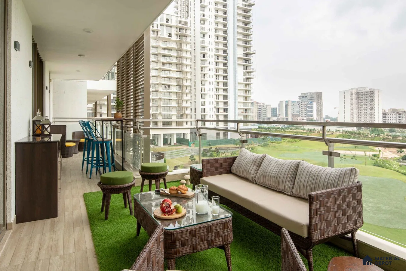 Contemporary balcony with off-white wall and stylish furnishings.