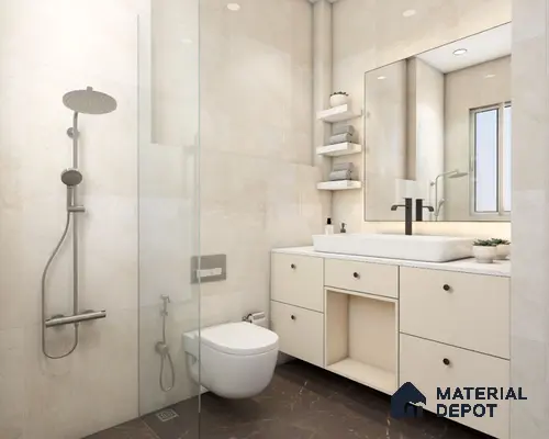 Modern small bathroom with marble countertop and cream tiles
