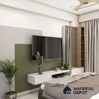 Slim TV unit in spacious bedroom.