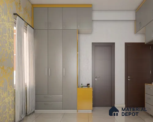 Wardrobe with grey laminates and yellow panels