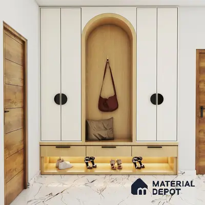 Convenient modern foyer in white and wood with ample storage and elegant design.