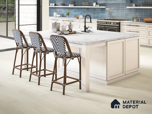 Kitchen with blue stone tiles and beige laminate