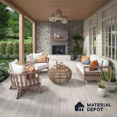 Outdoor place with wooden laminate floor and patterned tiles