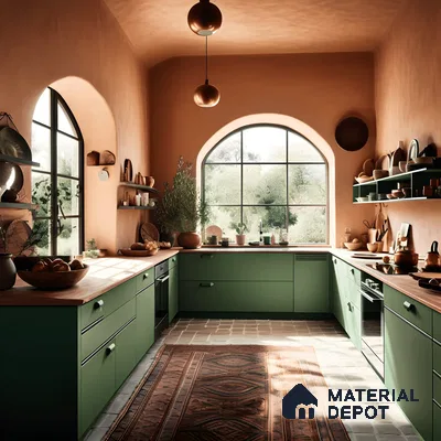 Modular Kitchen With Green Sleek Laminates | Material Depot