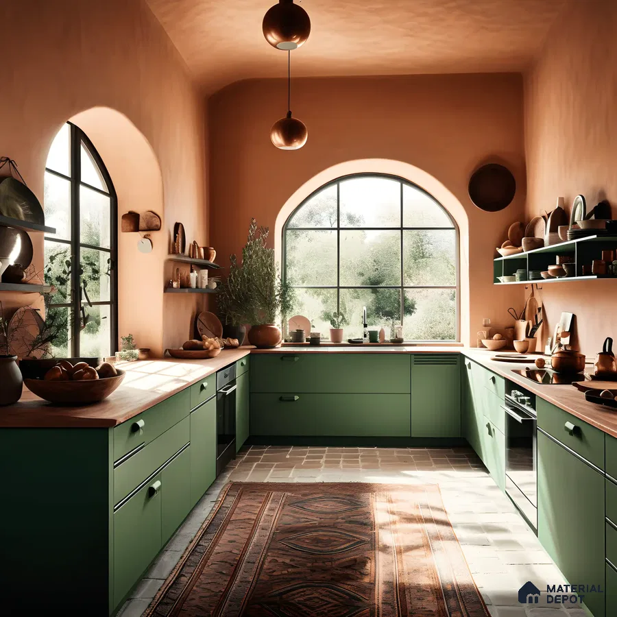 Modular Kitchen With Green Sleek Laminates | Material Depot