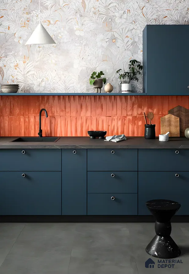 Modular Kitchen With Orange Subway Backsplash | Material Depot