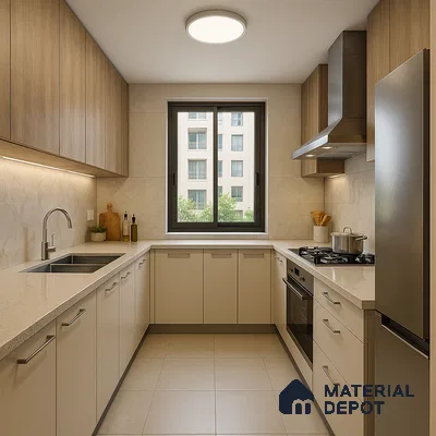 Modular kitchen with wooden laminates in Prestige Somerville 2BHK Whitefield | Material Depot