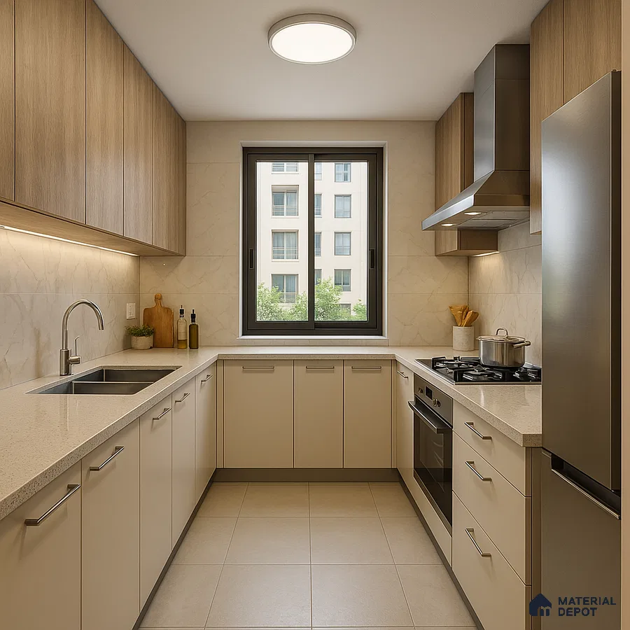 Modular kitchen with wooden laminates in Prestige Somerville 2BHK Whitefield | Material Depot