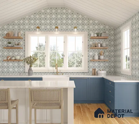 Kitchen with flowery tiles blue cabinet and wooden floor