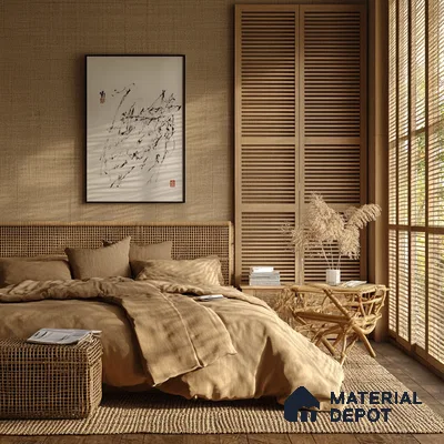 Monochromatic Bedroom Design with Rattan Headboard and Textured Walls Arvind Forest Trails Sarjapur Road | Material Depot
