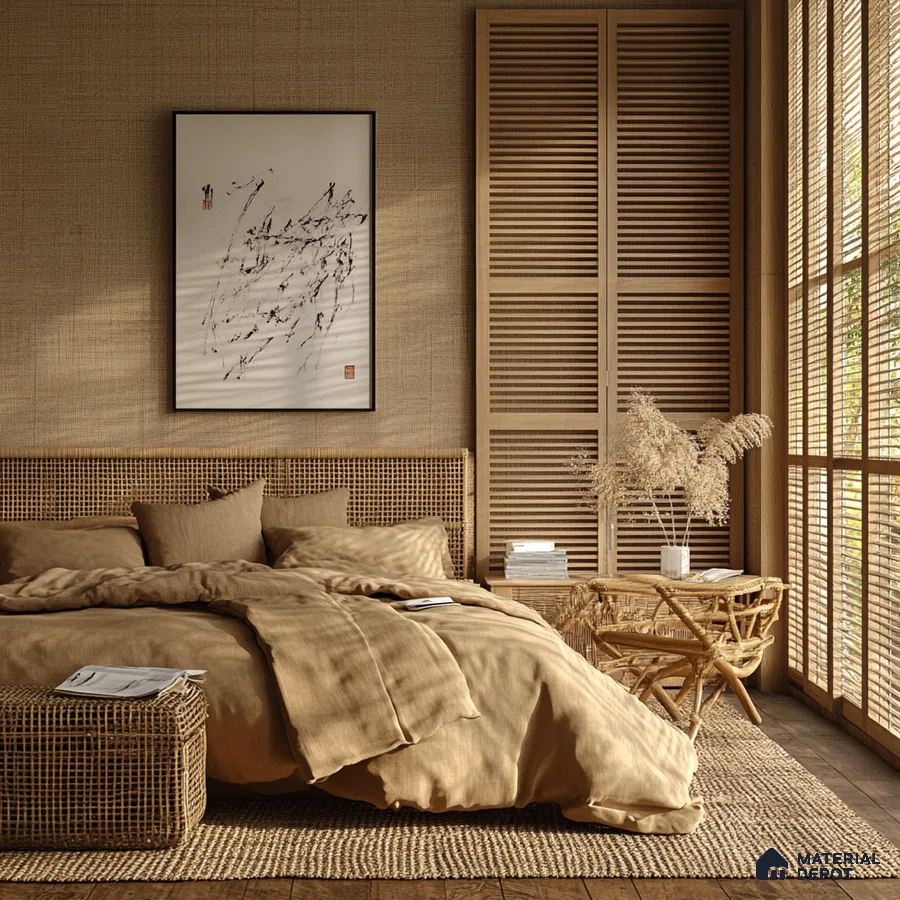 Monochromatic Bedroom Design with Rattan Headboard and Textured Walls Arvind Forest Trails Sarjapur Road | Material Depot