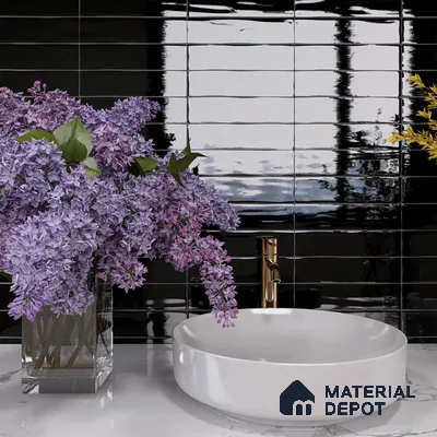 Monochrome Chic Black Countertop, White Sink, and Circular Mirror | Material Depot