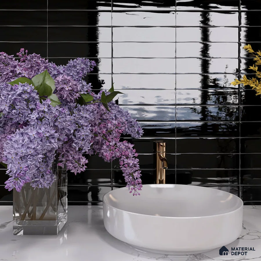 Monochrome Chic Black Countertop, White Sink, and Circular Mirror | Material Depot