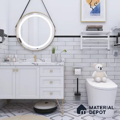 Monochrome Chic White Tiles with Striking Black Accent in Bathroom | Material Depot