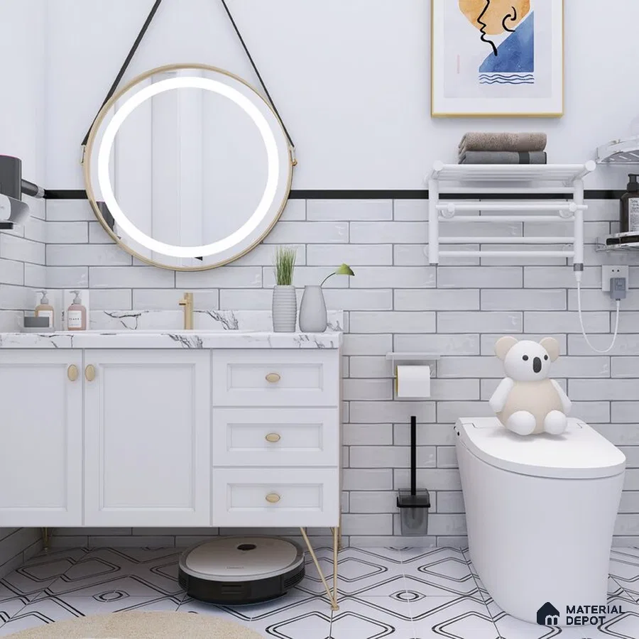 Monochrome Chic White Tiles with Striking Black Accent in Bathroom | Material Depot
