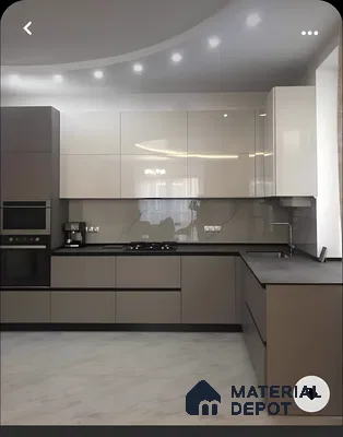 Monochrome Elegance: Sleek Grey And White Modular Kitchen With High-Gloss Cabinets And Curved False Ceiling | Material Depot