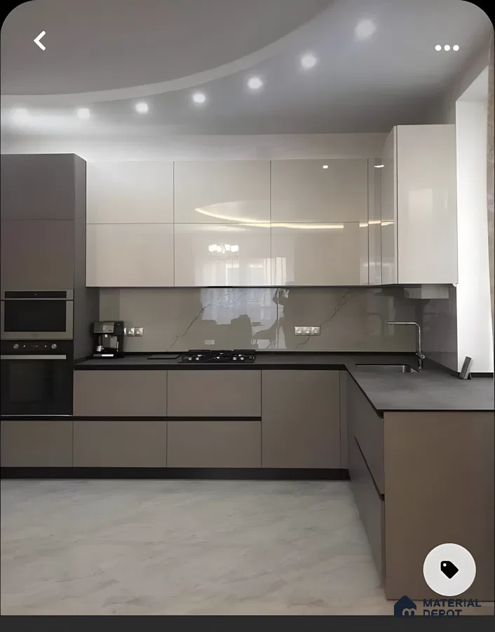 Monochrome Elegance: Sleek Grey And White Modular Kitchen With High-Gloss Cabinets And Curved False Ceiling | Material Depot
