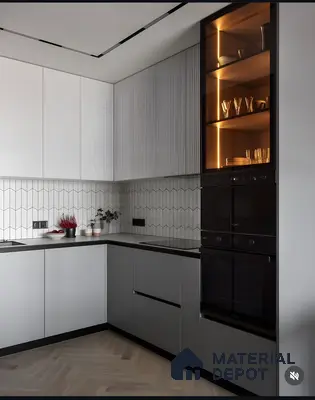 Monochrome Magic: Matte Grey Kitchen With Fluted Panels & Warm-Lit Glass Shelf | Material Depot