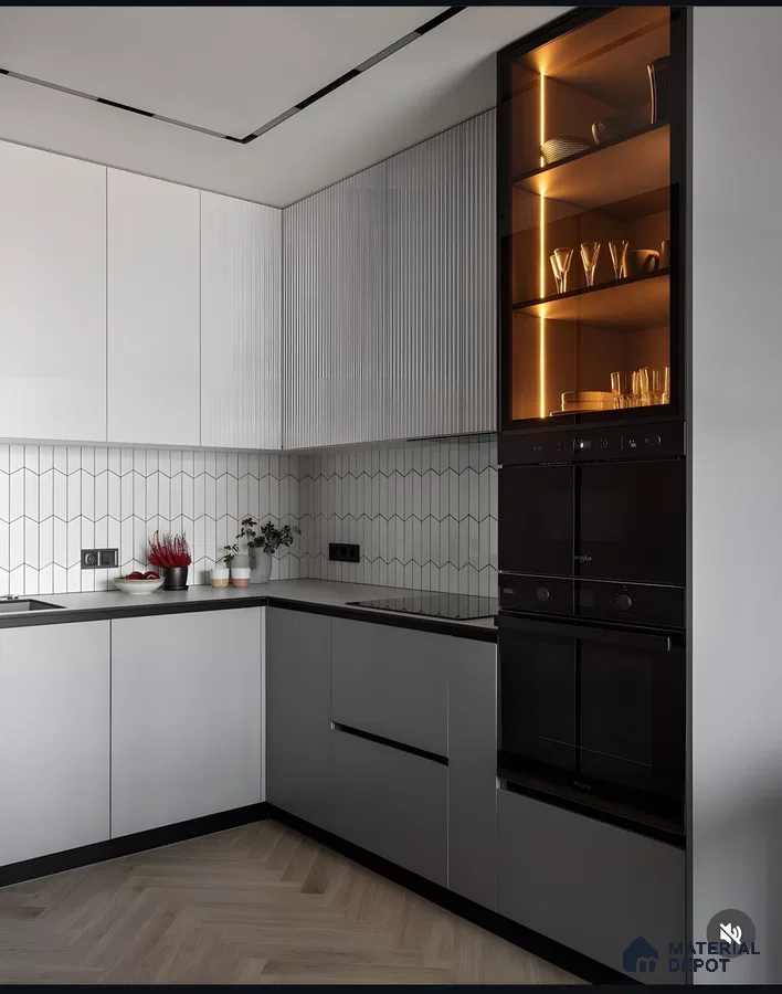 Monochrome Magic: Matte Grey Kitchen With Fluted Panels & Warm-Lit Glass Shelf | Material Depot