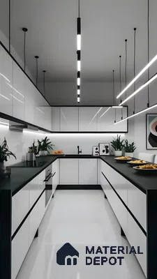 Monochrome Minimalism: Sleek Black And White Parallel Kitchen With Linear Pendant Lighting | Material Depot