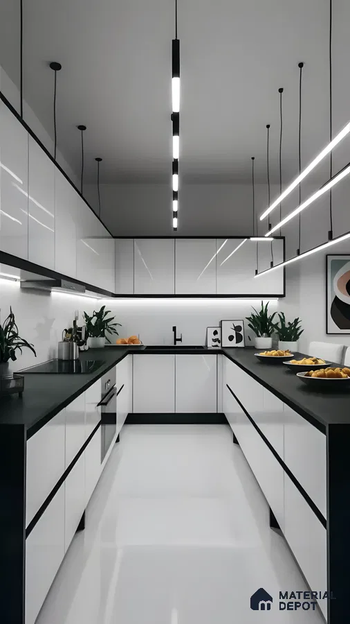 Monochrome Minimalism: Sleek Black And White Parallel Kitchen With Linear Pendant Lighting | Material Depot