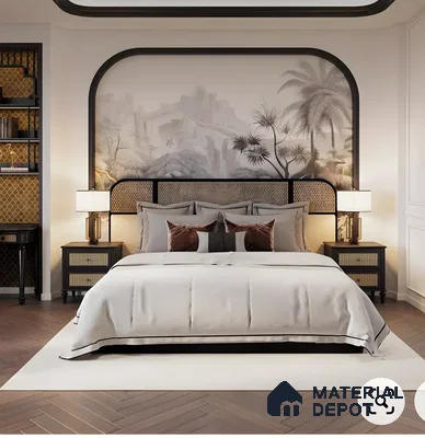 Monochrome Tropical Bedroom With Arched Wall Mural And Cane Accents | Material Depot