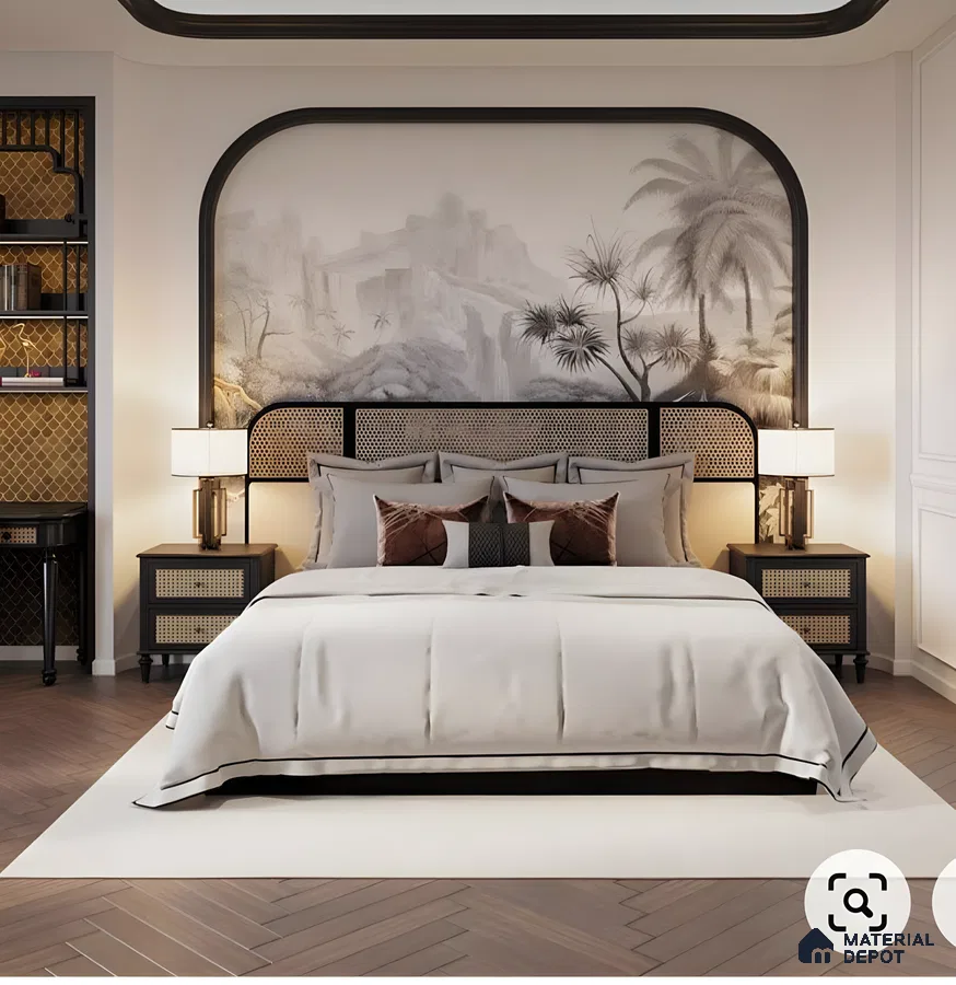 Monochrome Tropical Bedroom With Arched Wall Mural And Cane Accents | Material Depot