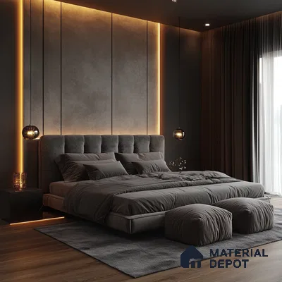 Moody and Modern Bedroom Design with Textured Walls and Dramatic Lighting Godrej Woodland Sarjapur Road | Material Depot