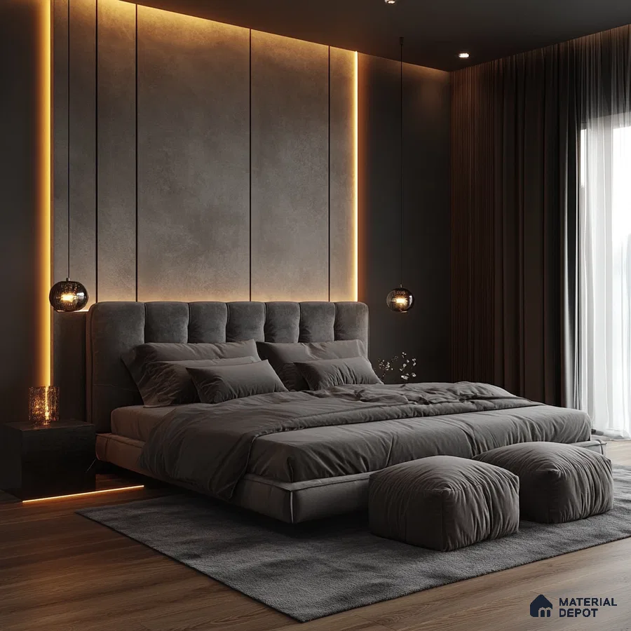 Moody and Modern Bedroom Design with Textured Walls and Dramatic Lighting Godrej Woodland Sarjapur Road | Material Depot