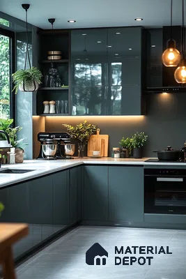 Moody and Modern Kitchen with Dark Green Glossy Cabinets, White Countertops, and Warm Lighting | Material Depot