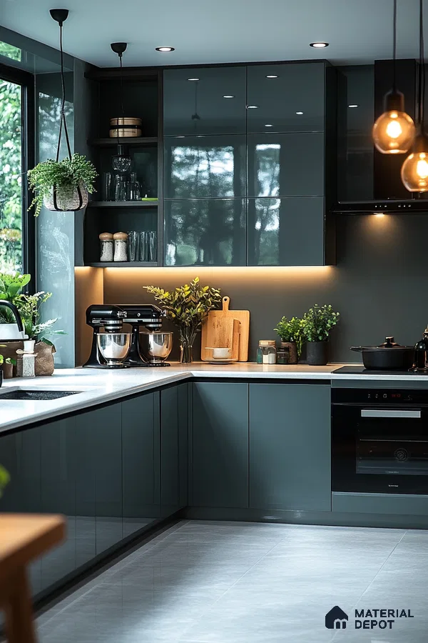 Moody and Modern Kitchen with Dark Green Glossy Cabinets, White Countertops, and Warm Lighting | Material Depot