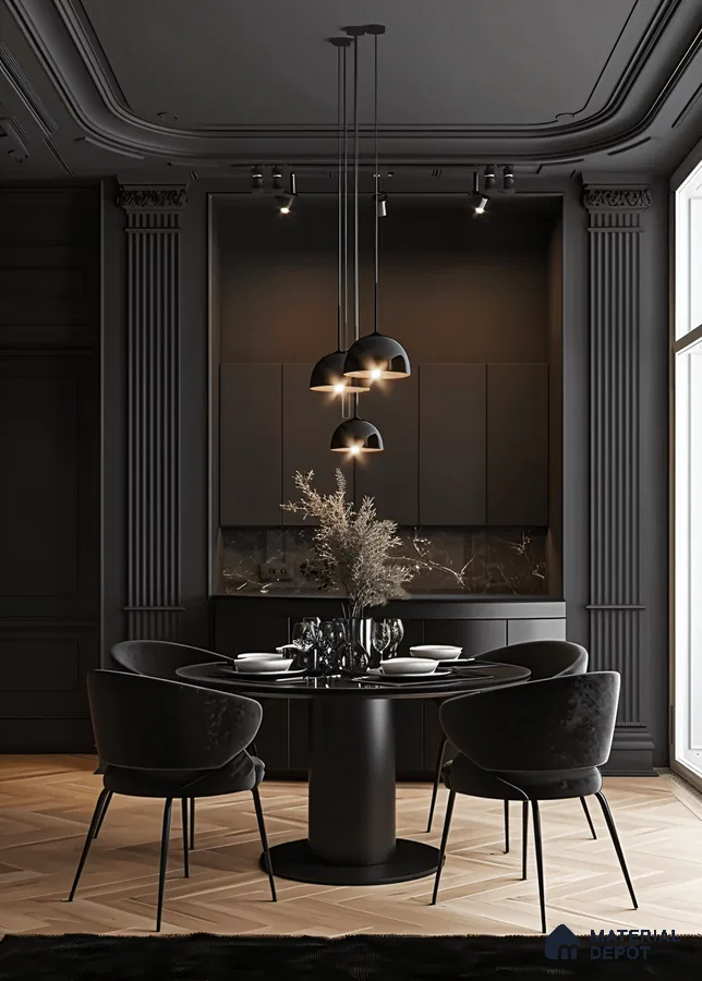 Moody Modern Dining Room with Black and Gold Accents | Material Depot