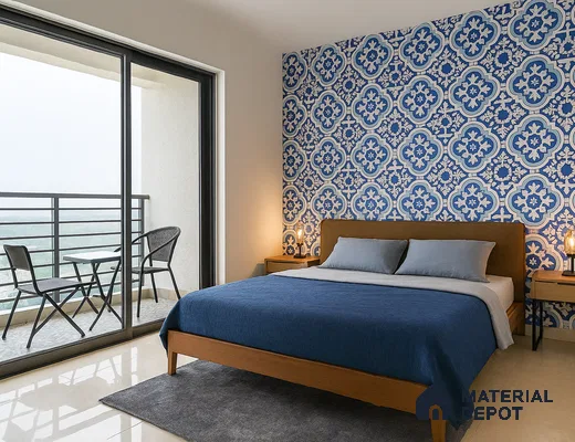 Moroccan Accent Bedroom with Balcony View and Full-Height Wardrobe in 3 BHK Sobha City Santorini, Thanisandra | Material Depot