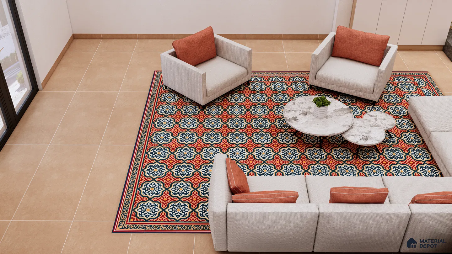 Moroccan Carpet Tile-Inspired Floor in a Contemporary Living Room | Material Depot