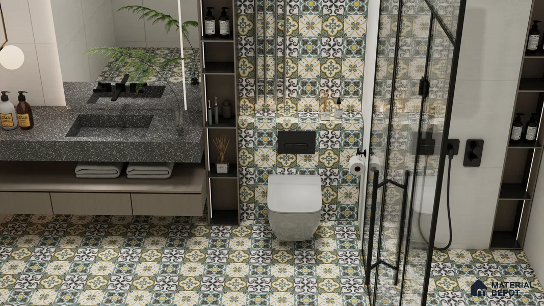 Moroccan Wall & Floor Tile TL 00304 Yellow & Blue Matte Finish 1 ft x 1 ft Glazed Vitrified Tile - 12 mm | Suitable For Bathroom, Kitchen, Living Area | Please Expect a Slight Variation of Pattern