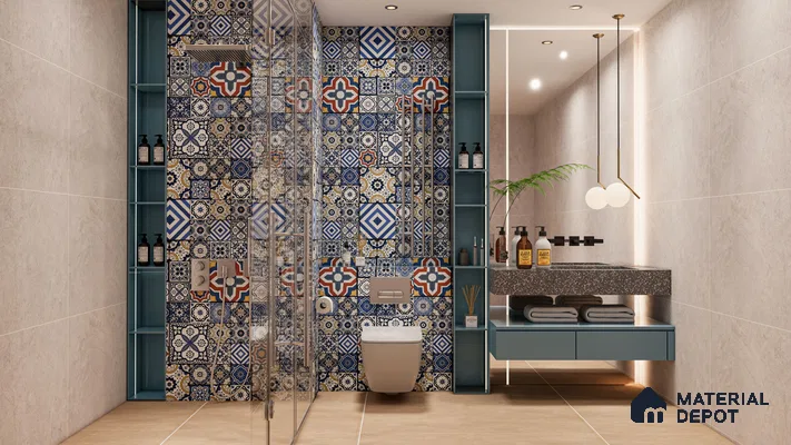 Moroccan inspired bathroom in 2bhk apartment in Durga Petals Marathahalli Bengaluru | Material Depot