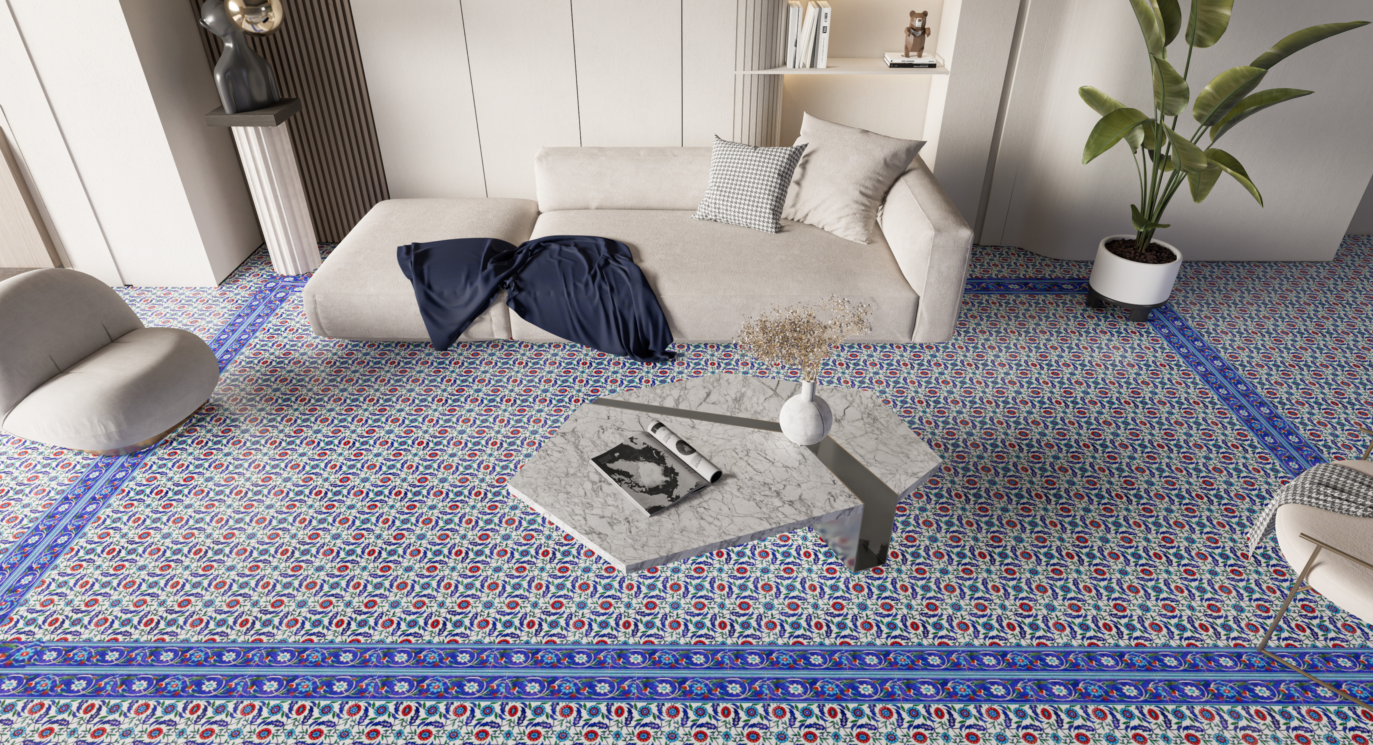 Moroccan themed Blue and Red Floral pattern Carpet tiles in Living Room Flooring | Material Depot