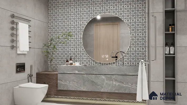 Moroccan-Inspired Monochrome Washroom with a Statement Mirror Wall | Material Depot