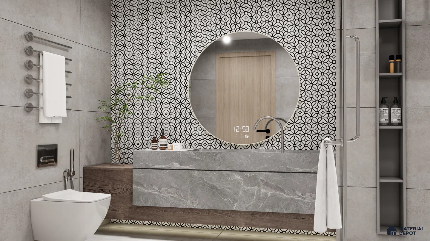 Moroccan-Inspired Monochrome Washroom with a Statement Mirror Wall | Material Depot