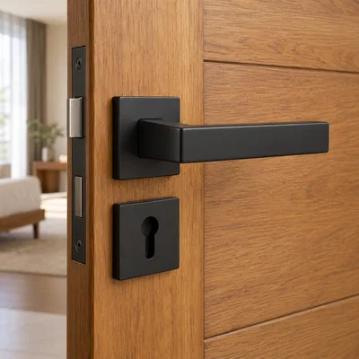 Mortise Handles - matte black lever handle with keyhole plate and mortise lock on a teak wood door